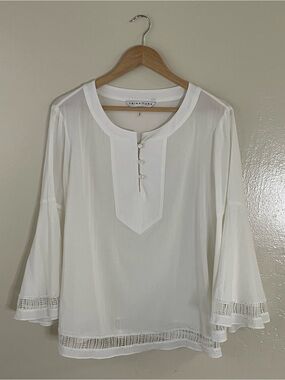 Trina Turk White Sheer Peasant Blouse with Button Placket flare sleeve